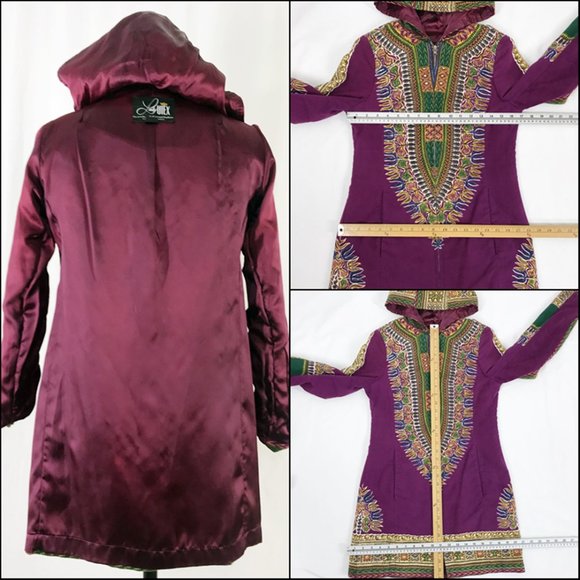 Vintage 70s Hippie Jacket Dashiki Print Purple Utex Hooded Coat - Picture 9 of 9